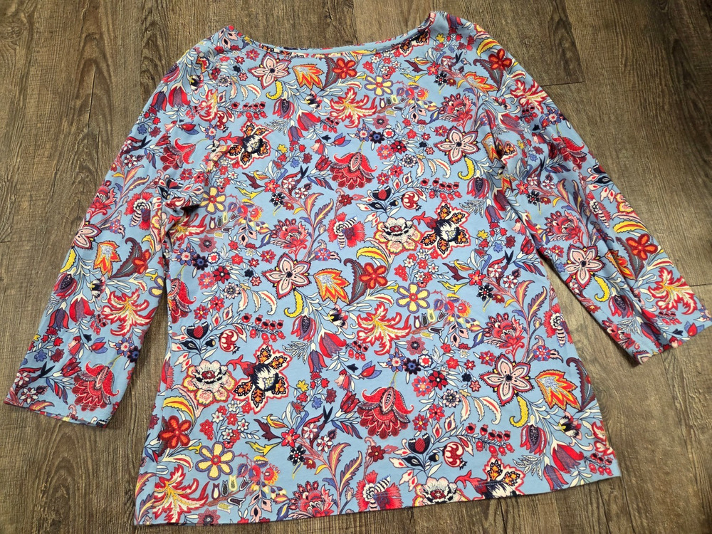 Talbots Tee Boat Neck Blue Floral 3/4 Sleeve Blouse Top Shirt Size Large